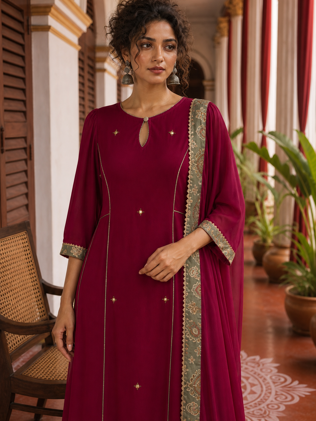 Elegant Rani pink panelled Georgette Kurta with Contrast Printed Border and hand embroidered front panel
