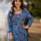 Contemporary Indigo Geometric Side-Cut Kurta with Linear Stripe Detailing and Maroon Triangle Highlights