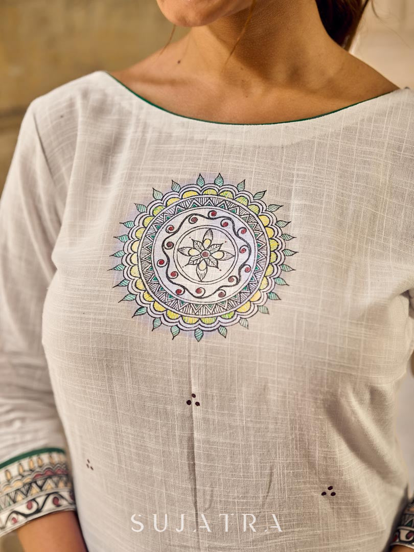 Cultural White Cotton Kurta with Traditional Madhubani Painting on Front & Sleeves