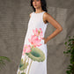 Graceful White lotus printed dress with elegant olive accents.