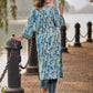 Angarkha-Style Indigo & Olive Kurta with Olive Mirror Detailing and Dori Tie-Up