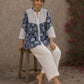 Blue floral Jaipur-printed top with statement hakoba panels and delicate white lace accents.