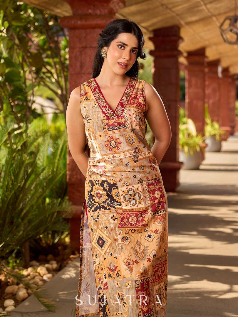 Graceful cream all-over printed kurta adorned with an overlapping maroon zardozi-embroidered neckline and bold maroon detailing.