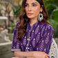 Elegant purple mercerised Ikat dress designed with a softly folded round neckline revealing grey highlights and balanced grey accents throughout
