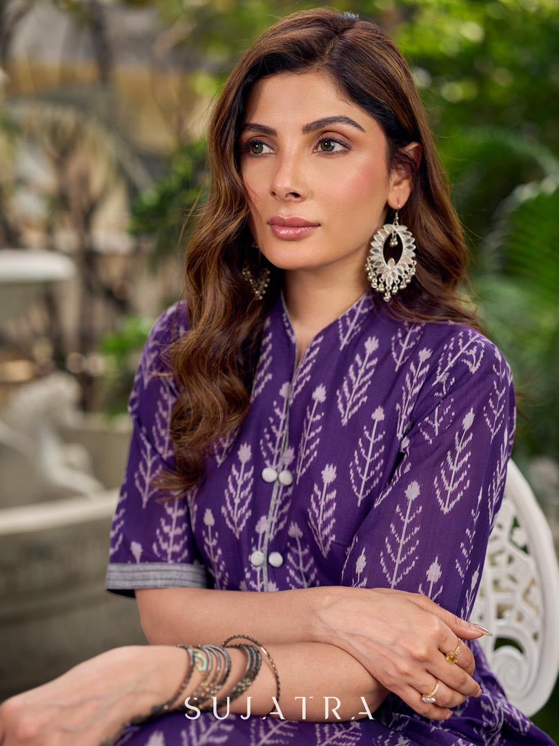 Elegant purple mercerised Ikat dress designed with a softly folded round neckline revealing grey highlights and balanced grey accents throughout