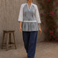 Soft blue Jaipur hairline stripe top featuring Hakoba raglan sleeves and a flattering gathered waist silhouette.
