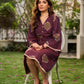 Elegant wine-purple Ikat dress with flowy sleeves, finished with a belt for a softly cinched silhouette.