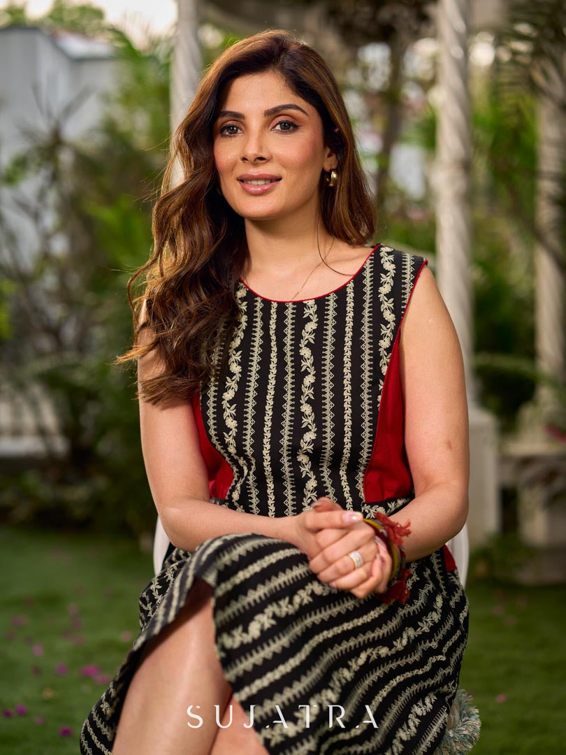 Classic Black & Off-White Floral-Stripe Printed Dress with Contrast Red Panels