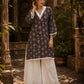 Navy Blue Floral Print Short Kurta with White Hakoba V-Neck Trim & Bell Sleeves