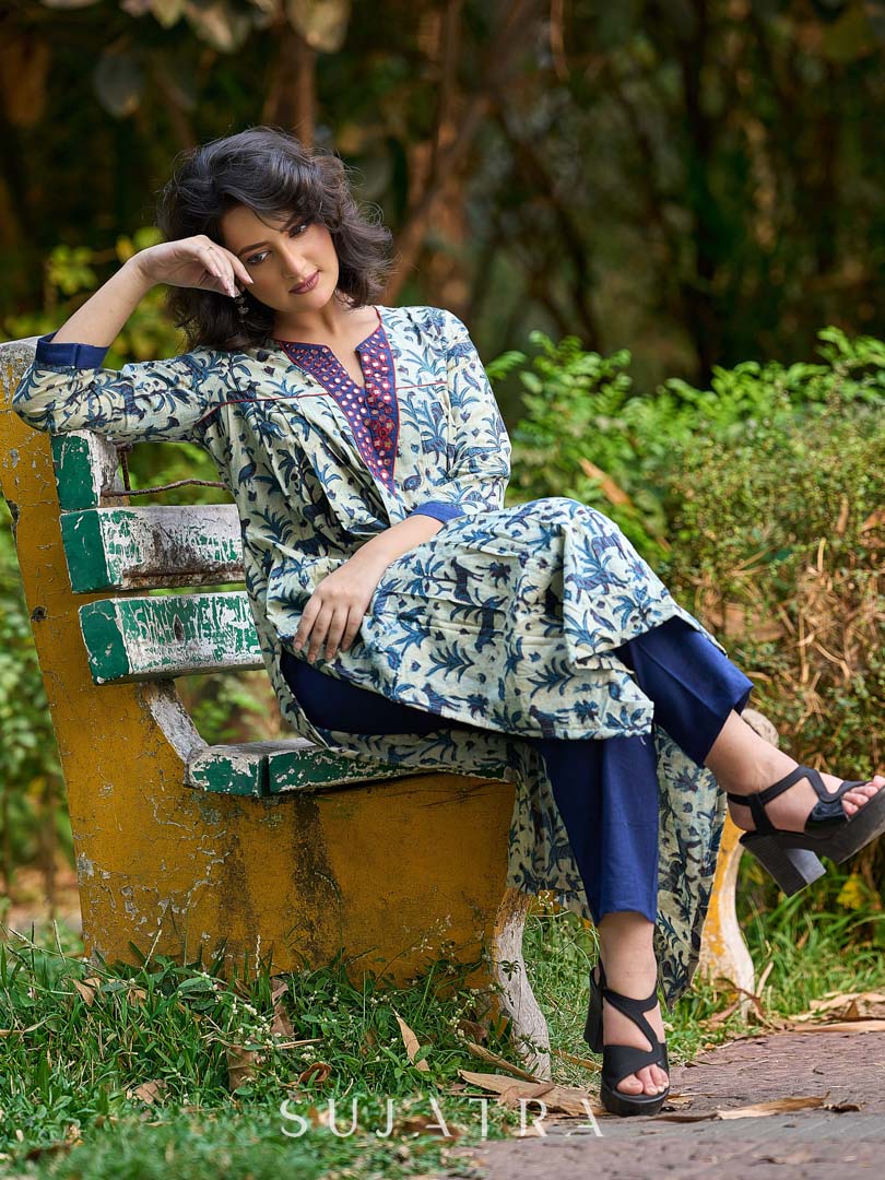 Artisan Indigo Kurta with Animal Motifs, Overlapping Neck and Handcrafted Maroon Mirror Detailing