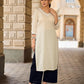 Pristine Off-White Cotton Flex Straight Kurta Featuring Subtle Monochrome Embroidery on Neckline & Sleeve Cuffs