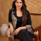 Elegant black and navy Kalamkari jacket featuring a notch collar and subtle navy accents, creating a graceful, tailored silhouette suited for polished corporate wear.