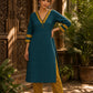 Classic Teal Cotton Kurta with Ajrakh Printed V-Yoke & Double Cuff Band Detail