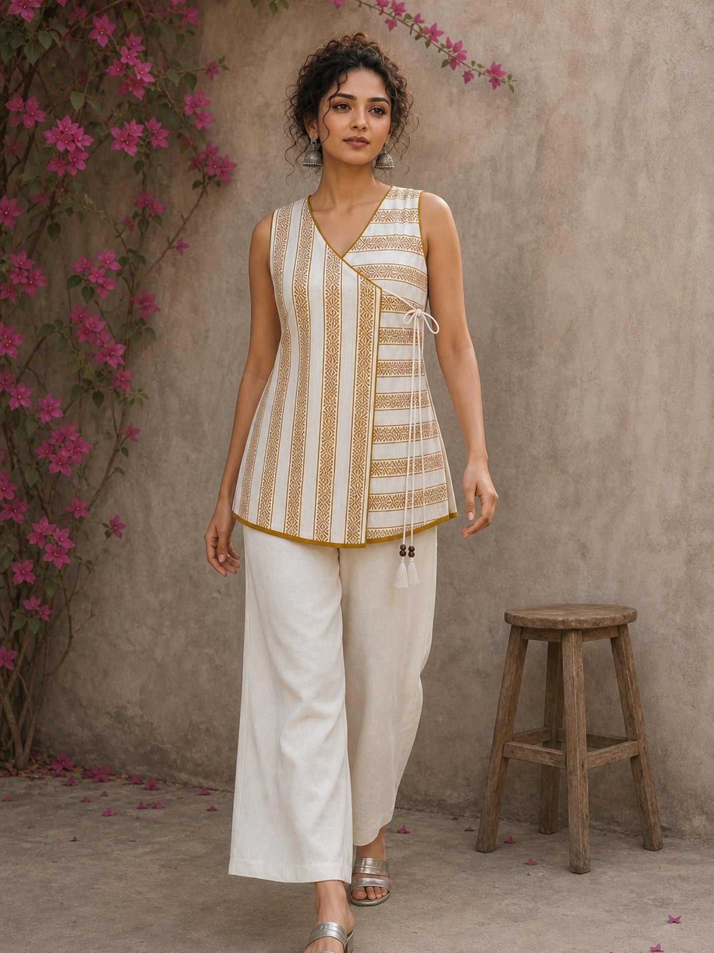 Charming white and mustard sleeveless wrap top featuring a distinctive Block print pattern, elegant mustard piping, and a graceful, contemporary, artisan-inspired tailored silhouette.