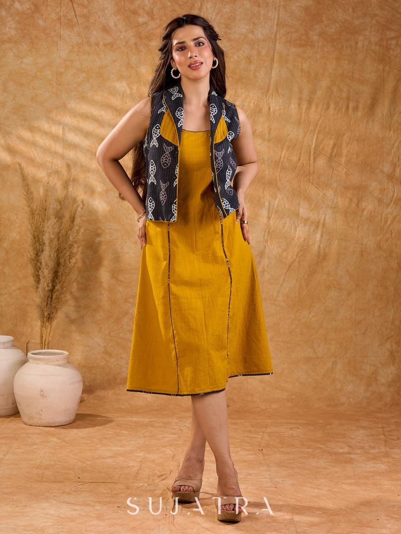 Tailored black Kantha jacket featuring fish motifs, a mustard pintuck patch, and a flipped collar, offering a structured silhouette with refined detail and distinctive, contemporary character.