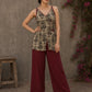 Rustic olive and maroon vegetable-dyed printed top with crossover styling and rich maroon accent detailing.