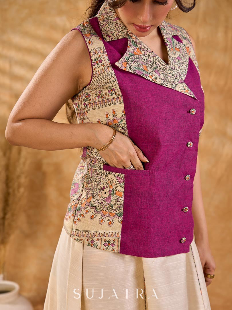 Elegant Madhubani jacket featuring magenta panels, asymmetrical closure, and a notch collar, enhanced with matching accents for a clean, tailored silhouette ideal for elevated corporate wear.