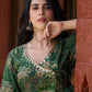 Rich bottle green printed Angrakha with a finely hand-embroidered neckline and soft beige accents.