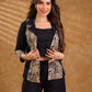 Elegant black and navy Kalamkari jacket featuring a notch collar and subtle navy accents, creating a graceful, tailored silhouette suited for polished corporate wear.