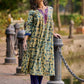 Artisan Indigo Kurta with Animal Motifs, Overlapping Neck and Handcrafted Maroon Mirror Detailing