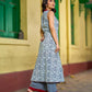 Indigo Alternating Kali Kurta with Floral & Zigzag Prints, Maroon Accents and Handcrafted Mirror Work