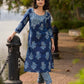 Indigo Bloom Print Kurta with Asymmetric Stripe Panel and Coin Embellishments