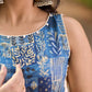 Indigo Abstract Printed Kurta with Side Cut Panels, Hakoba Inserts and Pearl Embellishments