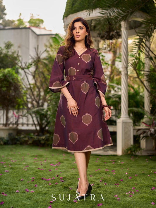 Elegant wine-purple Ikat dress with flowy sleeves, finished with a belt for a softly cinched silhouette.