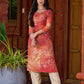 Amber crimson blossom printed kurta with golden pearl handwork on the yoke and dainty tie-up neck details.