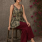 Rustic olive and maroon vegetable-dyed printed top with crossover styling and rich maroon accent detailing.