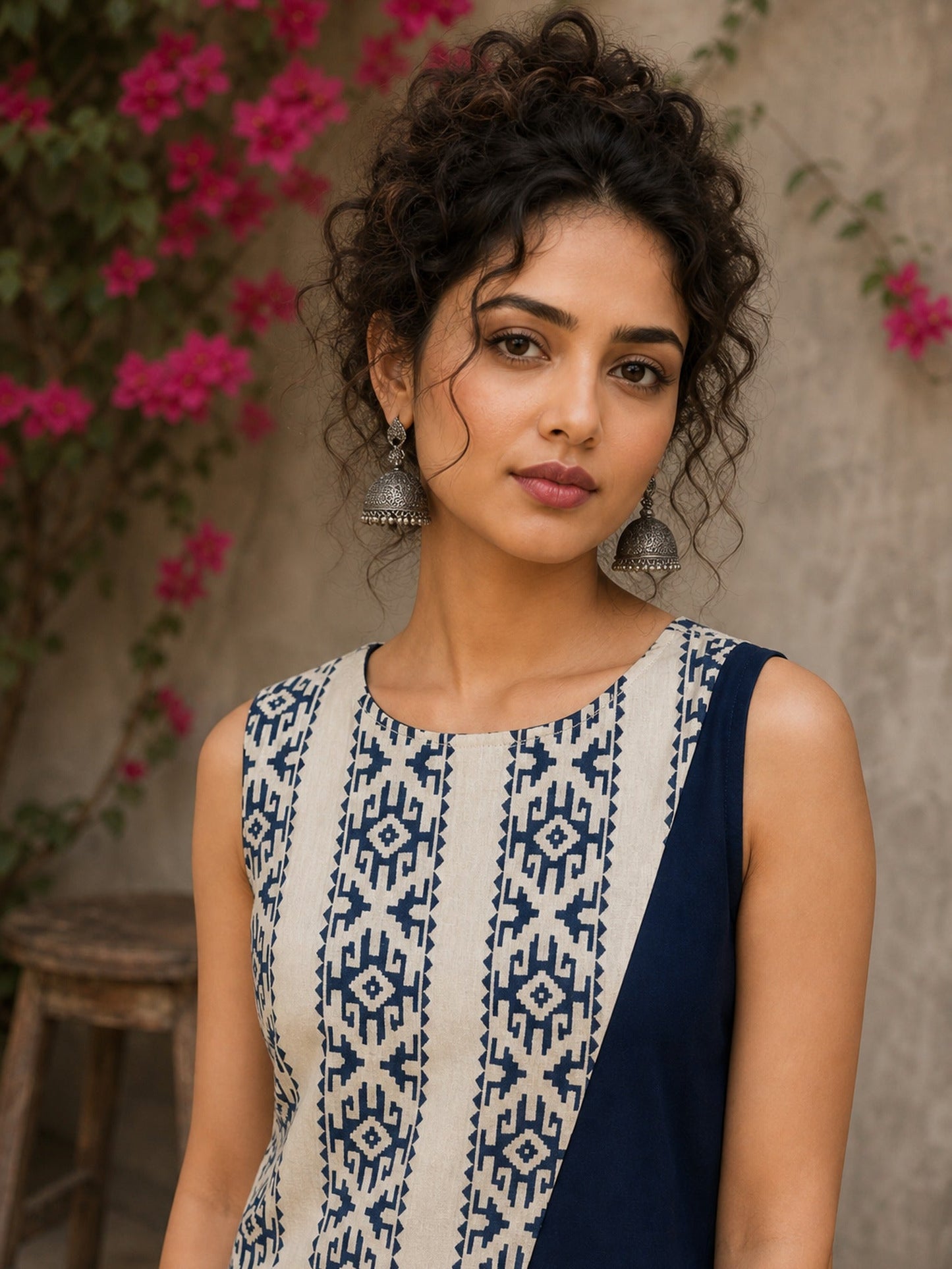Contemporary off white and navy hand block print top featuring striking geometric motifs, an asymmetric layered silhouette, and effortless elegance