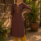 Earthy Brown Cotton Kurta with Statement Kalamkari Block Print Cuffs & Mustard Piping