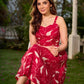 Pretty red dress featuring a sweetheart neckline, pleated waist panel, and soft gathers that create a graceful flow.