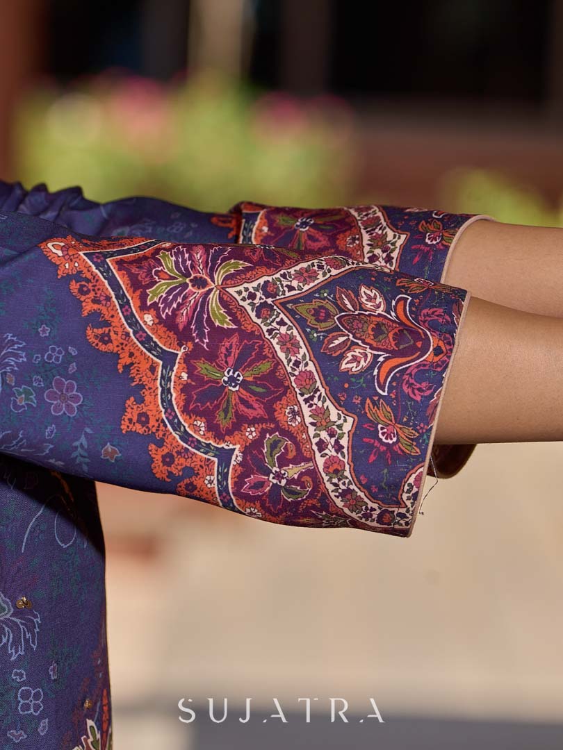 Stunning royal blue printed kurta adorned with handcrafted zardozi and sequin detailing on the keyhole neck.