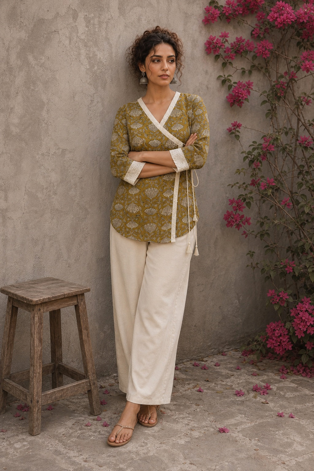 Mustard Jaipur cotton wrap-style Angarkha top with off-white Hakoba cuffs and graceful contrast accents.