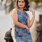Indigo Abstract Printed Kurta with Side Cut Panels, Hakoba Inserts and Pearl Embellishments