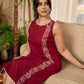 Maroon block printed sleeveless dress with hand block printed floral side panel, off-white accents, and pearl embellishments for a refined, elegant look.