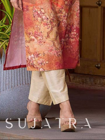 Amber crimson blossom printed kurta with golden pearl handwork on the yoke and dainty tie-up neck details.