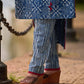 Contemporary Indigo Geometric Side-Cut Kurta with Linear Stripe Detailing and Maroon Triangle Highlights