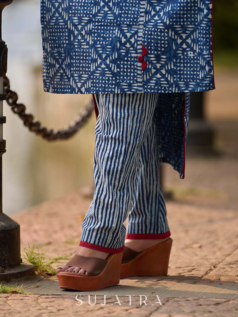Contemporary Indigo Geometric Side-Cut Kurta with Linear Stripe Detailing and Maroon Triangle Highlights