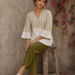 Contemporary off white and olive hand block print top features subtle geometric motifs, airy bell sleeves, and effortless elegance for versatile everyday styling.