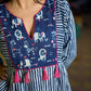 Contemporary Indigo Striped Kurta Featuring Animal Patch Detail, Drop Shoulders and Magenta Mirror Accents