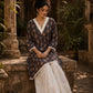 Navy Blue Floral Print Short Kurta with White Hakoba V-Neck Trim & Bell Sleeves