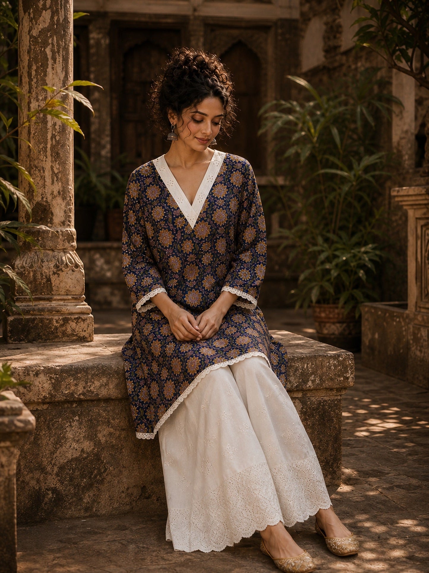 Navy Blue Floral Print Short Kurta with White Hakoba V-Neck Trim & Bell Sleeves