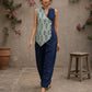 Indigo fish-print crossover sleeveless top featuring a mirror-laced Mandarin collar and beautifully scalloped cut hem.