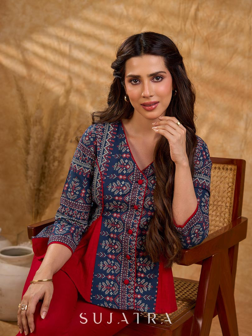 Classic navy blue printed jacket with flared panels and bold red accents, offering a structured yet dynamic silhouette with refined detailing, ideal for polished, elevated corporate styling.