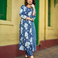 Contemporary Indigo Kurta Featuring Floral & Stripe Panels, Maroon Highlights and Asymmetric Gathered Yoke