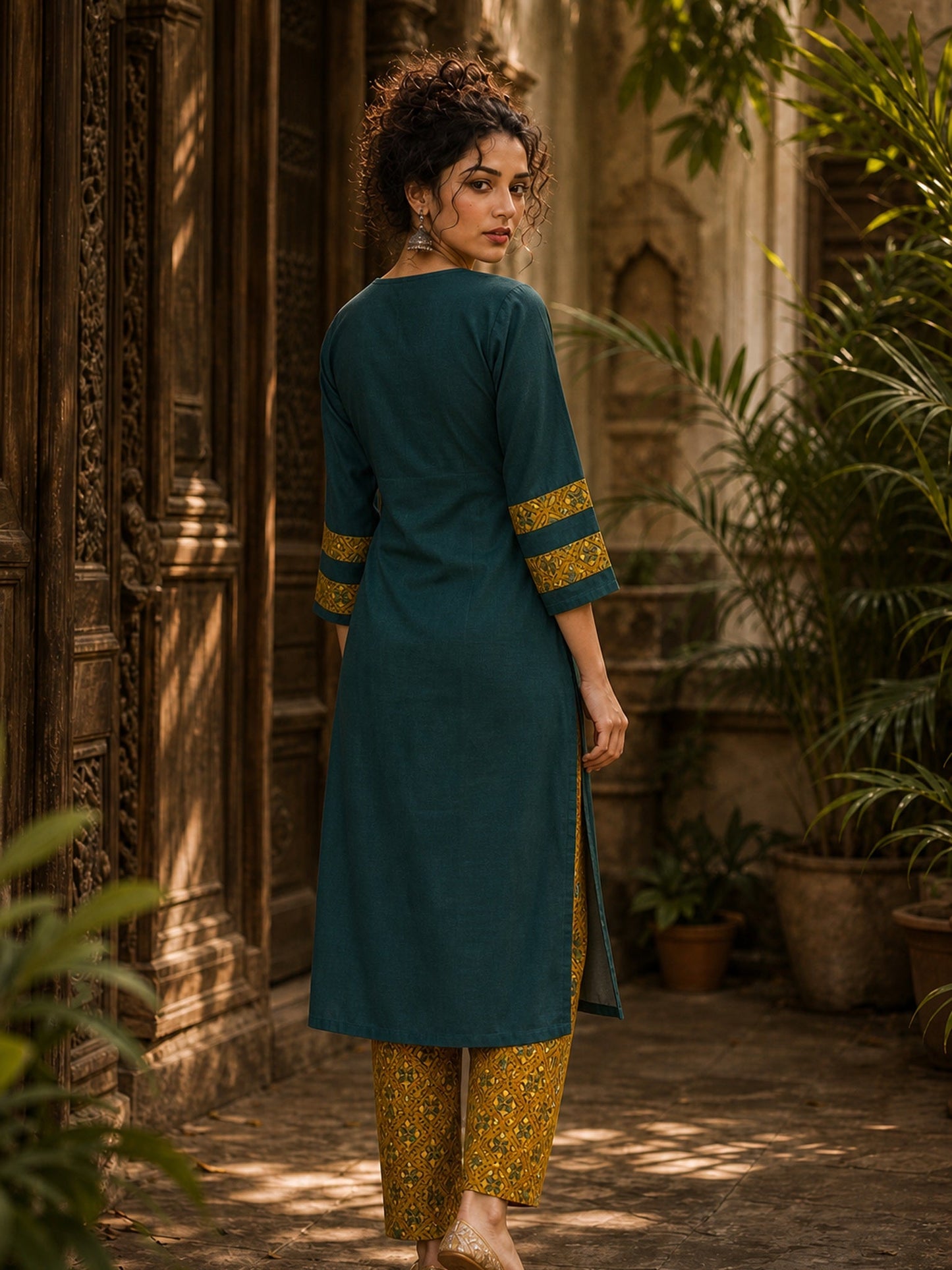Classic Teal Cotton Kurta with Ajrakh Printed V-Yoke & Double Cuff Band Detail
