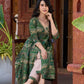 Rich bottle green printed Angrakha with a finely hand-embroidered neckline and soft beige accents.