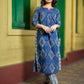 Deep Indigo Abstract Kurta Featuring Diamond Prints, Blue Mirror Lace Accents and Soft Front Gathers